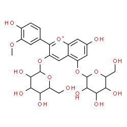 ChemSpider 2D Image | 3-(Hexopyranosyloxy)-7-hydroxy-2-(4-hydroxy-3-methoxyphenyl)-5-chromeniumyl hexopyranoside | C28H33O16