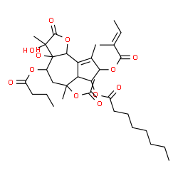 ChemSpider 2D Image | 6-Acetoxy-4-(butyryloxy)-3,3a-dihydroxy-3,6,9-trimethyl-8-{[(2E)-2-methyl-2-butenoyl]oxy}-2-oxo-2,3,3a,4,5,6,6a,7,8,9b-decahydroazuleno[4,5-b]furan-7-yl octanoate | C34H50O12