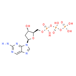 ChemSpider 2D Image | 9-[2-Deoxy-5-O-(hydroxy{[hydroxy(phosphonooxy)phosphoryl]oxy}phosphoryl)-beta-D-erythro-pentofuranosyl]-9H-purin-2-amine | C10H16N5O12P3