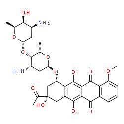 ChemSpider 2D Image | (1S,3S)-3-Acetyl-3,5,12-trihydroxy-10-methoxy-6,11-dioxo-1,2,3,4,6,11-hexahydro-1-tetracenyl 3-amino-4-O-(3-amino-2,3,6-trideoxy-alpha-L-lyxo-hexopyranosyl)-2,3,6-trideoxy-alpha-L-lyxo-hexopyranoside | C33H40N2O12