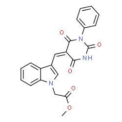 ChemSpider 2D Image | Methyl {3-[(E)-(2,4,6-trioxo-1-phenyltetrahydro-5(2H)-pyrimidinylidene)methyl]-1H-indol-1-yl}acetate | C22H17N3O5