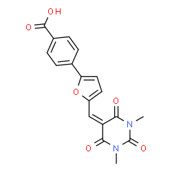 ChemSpider 2D Image | 4-{5-[(1,3-dimethyl-2,4,6-trioxo-1,3-diazinan-5-ylidene)methyl]furan-2-yl}benzoic acid | C18H14N2O6