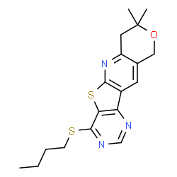 ChemSpider 2D Image | 4-(Butylsulfanyl)-8,8-dimethyl-7,10-dihydro-8H-pyrano[3'',4'':5',6']pyrido[3',2':4,5]thieno[3,2-d]pyrimidine | C18H21N3OS2