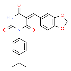 ChemSpider 2D Image | (5Z)-5-(1,3-Benzodioxol-5-ylmethylene)-1-(4-isopropylphenyl)-2,4,6(1H,3H,5H)-pyrimidinetrione | C21H18N2O5