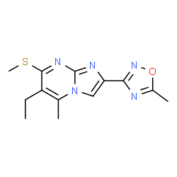 ChemSpider 2D Image | 6-Ethyl-5-methyl-2-(5-methyl-1,2,4-oxadiazol-3-yl)-7-(methylsulfanyl)imidazo[1,2-a]pyrimidine | C13H15N5OS