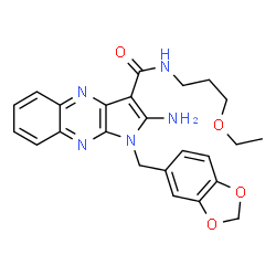 ChemSpider 2D Image | 2-Amino-1-(1,3-benzodioxol-5-ylmethyl)-N-(3-ethoxypropyl)-1H-pyrrolo[2,3-b]quinoxaline-3-carboxamide | C24H25N5O4