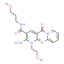 ChemSpider 2D Image | 2-Amino-1-(2-methoxyethyl)-3-[(3-methoxypropyl)carbamoyl]-5-oxo-1,5-dihydrodipyrido[1,2-a:2',3'-d]pyrimidin-6-ium | C19H24N5O4