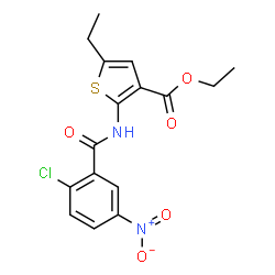 ChemSpider 2D Image | Ethyl 2-[(2-chloro-5-nitrobenzoyl)amino]-5-ethyl-3-thiophenecarboxylate | C16H15ClN2O5S