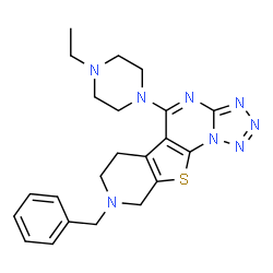 ChemSpider 2D Image | 8-Benzyl-5-(4-ethyl-1-piperazinyl)-6,7,8,9-tetrahydropyrido[4',3':4,5]thieno[3,2-e]tetrazolo[1,5-a]pyrimidine | C22H26N8S