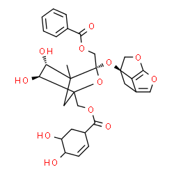 ChemSpider 2D Image | {(3S,5R,6S)-1-({[(4,5-Dihydroxy-2-cyclohexen-1-yl)carbonyl]oxy}methyl)-3-[(1aR)-1H-3,4-dioxacyclobuta[cd]pentalen-1a(2H)-yloxy]-5,6-dihydroxy-4-methyl-2-oxabicyclo[2.2.1]hept-3-yl}methyl benzoate | C30H32O12