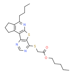 ChemSpider 2D Image | Pentyl [(4-butyl-2,3-dihydro-1H-cyclopenta[4',5']pyrido[3',2':4,5]thieno[3,2-d]pyrimidin-7-yl)sulfanyl]acetate | C23H29N3O2S2