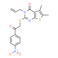 ChemSpider 2D Image | 3-Allyl-5,6-dimethyl-2-{[2-(4-nitrophenyl)-2-oxoethyl]sulfanyl}thieno[2,3-d]pyrimidin-4(3H)-one | C19H17N3O4S2