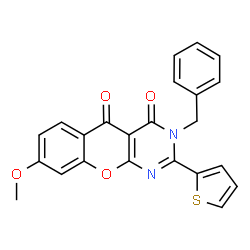 ChemSpider 2D Image | 3-Benzyl-8-methoxy-2-(2-thienyl)-4H-chromeno[2,3-d]pyrimidine-4,5(3H)-dione | C23H16N2O4S