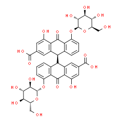 ChemSpider 2D Image | (9R)-5,5'-Bis(beta-D-glucopyranosyloxy)-4,4'-dihydroxy-10,10'-dioxo-9,9',10,10'-tetrahydro-9,9'-bianthracene-2,2'-dicarboxylic acid | C42H38O20