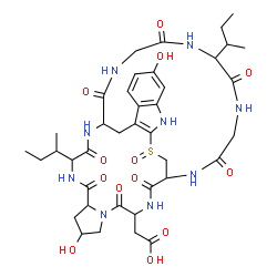 ChemSpider 2D Image | [13,34-Di-sec-butyl-8,22-dihydroxy-27-oxido-2,5,11,14,30,33,36,39-octaoxo-27-thia-3,6,12,15,25,29,32,35,38-nonaazapentacyclo[14.12.11.0~6,10~.0~18,26~.0~19,24~]nonatriaconta-18(26),19,21,23-tetraen-4-
yl]acetic acid | C39H53N9O13S