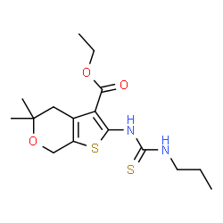 ChemSpider 2D Image | Ethyl 5,5-dimethyl-2-[(propylcarbamothioyl)amino]-4,7-dihydro-5H-thieno[2,3-c]pyran-3-carboxylate | C16H24N2O3S2