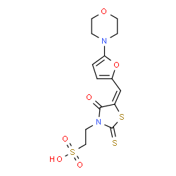 ChemSpider 2D Image | 2-[(5E)-5-{[5-(4-Morpholinyl)-2-furyl]methylene}-4-oxo-2-thioxo-1,3-thiazolidin-3-yl]ethanesulfonic acid | C14H16N2O6S3