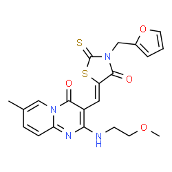 ChemSpider 2D Image | 3-{(Z)-[3-(2-Furylmethyl)-4-oxo-2-thioxo-1,3-thiazolidin-5-ylidene]methyl}-2-[(2-methoxyethyl)amino]-7-methyl-4H-pyrido[1,2-a]pyrimidin-4-one | C21H20N4O4S2
