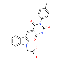 ChemSpider 2D Image | (3-{(E)-[1-(4-Methylphenyl)-2,4,6-trioxotetrahydro-5(2H)-pyrimidinylidene]methyl}-1H-indol-1-yl)acetic acid | C22H17N3O5
