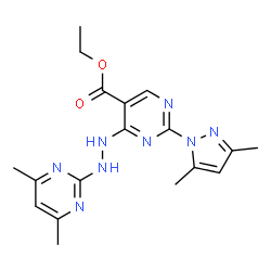 ChemSpider 2D Image | Ethyl 2-(3,5-dimethyl-1H-pyrazol-1-yl)-4-[2-(4,6-dimethyl-2-pyrimidinyl)hydrazino]-5-pyrimidinecarboxylate | C18H22N8O2