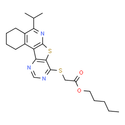 ChemSpider 2D Image | Pentyl [(5-isopropyl-1,2,3,4-tetrahydropyrimido[4',5':4,5]thieno[2,3-c]isoquinolin-8-yl)sulfanyl]acetate | C23H29N3O2S2