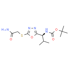 ChemSpider 2D Image | 2-Methyl-2-propanyl [(1S)-1-{5-[(2-amino-2-oxoethyl)sulfanyl]-1,3,4-oxadiazol-2-yl}-2-methylpropyl]carbamate | C13H22N4O4S