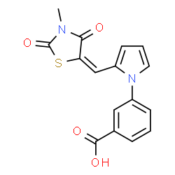 ChemSpider 2D Image | 3-{2-[(E)-(3-Methyl-2,4-dioxo-1,3-thiazolidin-5-ylidene)methyl]-1H-pyrrol-1-yl}benzoic acid | C16H12N2O4S