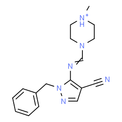 ChemSpider 2D Image | 4-{[(1-Benzyl-4-cyano-1H-pyrazol-5-yl)imino]methyl}-1-methylpiperazin-1-ium | C17H21N6