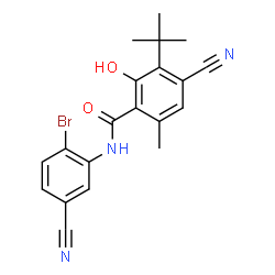 ChemSpider 2D Image | N-(2-Bromo-5-cyanophenyl)-4-cyano-2-hydroxy-6-methyl-3-(2-methyl-2-propanyl)benzamide | C20H18BrN3O2