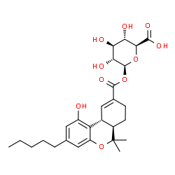 ChemSpider 2D Image | 1-O-{[(6aR,10aR)-1-Hydroxy-6,6-dimethyl-3-pentyl-6a,7,8,10a-tetrahydro-6H-benzo[c]chromen-9-yl]carbonyl}-beta-D-glucopyranuronic acid | C27H36O10