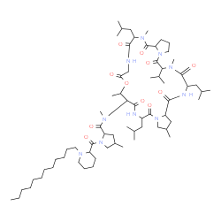ChemSpider 2D Image | 1-[(1-Dodecyl-2-piperidinyl)carbonyl]-N,4-dimethyl-N-(6,16,27-triisobutyl-24-isopropyl-2,10,17,25-tetramethyl-5,8,12,15,18,23,26,29-octaoxohexacosahydro-1H,12H-dipyrrolo[2,1-i:2',1'-r][1,4,7,10,13,16,
19,22]oxaheptaazacyclopentacosin-9-yl)prolinamide | C67H116N10O11