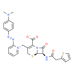 ChemSpider 2D Image | (6R,7R)-3-[(2-{(E)-[4-(Dimethylamino)phenyl]diazenyl}-1-pyridiniumyl)methyl]-8-oxo-7-[(2-thienylacetyl)amino]-5-thia-1-azabicyclo[4.2.0]oct-2-ene-2-carboxylate | C27H26N6O4S2