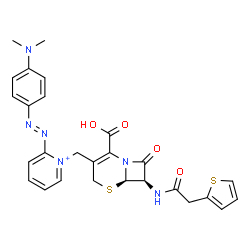 ChemSpider 2D Image | 1-({(6R,7R)-2-Carboxy-8-oxo-7-[(2-thienylacetyl)amino]-5-thia-1-azabicyclo[4.2.0]oct-2-en-3-yl}methyl)-2-{(E)-[4-(dimethylamino)phenyl]diazenyl}pyridinium | C27H27N6O4S2