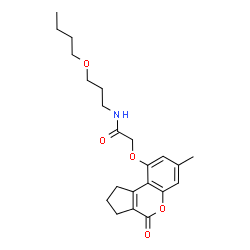 ChemSpider 2D Image | N-(3-Butoxypropyl)-2-[(7-methyl-4-oxo-1,2,3,4-tetrahydrocyclopenta[c]chromen-9-yl)oxy]acetamide | C22H29NO5