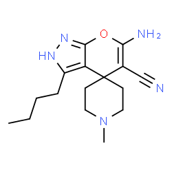ChemSpider 2D Image | 6'-Amino-3'-butyl-1-methyl-2'H-spiro[piperidine-4,4'-pyrano[2,3-c]pyrazole]-5'-carbonitrile | C16H23N5O