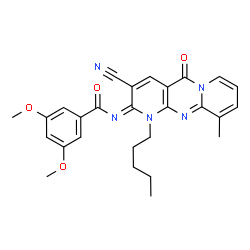 ChemSpider 2D Image | N-[(2E)-3-Cyano-10-methyl-5-oxo-1-pentyl-1,5-dihydro-2H-dipyrido[1,2-a:2',3'-d]pyrimidin-2-ylidene]-3,5-dimethoxybenzamide | C27H27N5O4