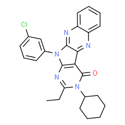 ChemSpider 2D Image | 11-(3-Chlorophenyl)-3-cyclohexyl-2-ethyl-3,11-dihydro-4H-pyrimido[5',4':4,5]pyrrolo[2,3-b]quinoxalin-4-one | C26H24ClN5O