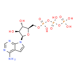 ChemSpider 2D Image | 7-[5-O-(Hydroxy{[hydroxy(phosphonooxy)phosphoryl]oxy}phosphoryl)-beta-D-arabinofuranosyl]-7H-pyrrolo[2,3-d]pyrimidin-4-amine | C11H17N4O13P3