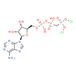ChemSpider 2D Image | 5'-O-[{[{[Bis(chlorooxy)phosphoryl]methyl}(hydroxy)phosphoryl]oxy}(hydroxy)phosphoryl]adenosine | C11H16Cl2N5O12P3