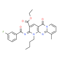 ChemSpider 2D Image | Ethyl (2E)-1-butyl-2-[(3-fluorobenzoyl)imino]-10-methyl-5-oxo-1,5-dihydro-2H-dipyrido[1,2-a:2',3'-d]pyrimidine-3-carboxylate | C26H25FN4O4