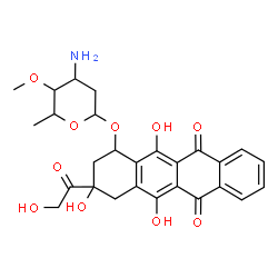 ChemSpider 2D Image | 3-Glycoloyl-3,5,12-trihydroxy-6,11-dioxo-1,2,3,4,6,11-hexahydro-1-tetracenyl 3-amino-2,3,6-trideoxy-4-O-methylhexopyranoside | C27H29NO10