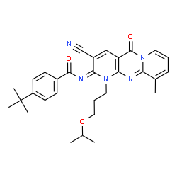 ChemSpider 2D Image | 4-tert-Butyl-N-[(2E)-3-cyano-1-(3-isopropoxypropyl)-10-methyl-5-oxo-1,5-dihydro-2H-dipyrido[1,2-a:2',3'-d]pyrimidin-2-ylidene]benzamide | C30H33N5O3