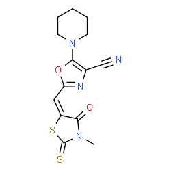 ChemSpider 2D Image | 2-[(E)-(3-Methyl-4-oxo-2-thioxo-1,3-thiazolidin-5-ylidene)methyl]-5-(1-piperidinyl)-1,3-oxazole-4-carbonitrile | C14H14N4O2S2