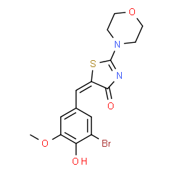 ChemSpider 2D Image | (5E)-5-(3-Bromo-4-hydroxy-5-methoxybenzylidene)-2-(4-morpholinyl)-1,3-thiazol-4(5H)-one | C15H15BrN2O4S
