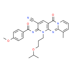 ChemSpider 2D Image | N-[(2E)-3-Cyano-1-(3-isopropoxypropyl)-10-methyl-5-oxo-1,5-dihydro-2H-dipyrido[1,2-a:2',3'-d]pyrimidin-2-ylidene]-4-methoxybenzamide | C27H27N5O4