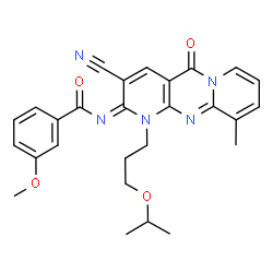 ChemSpider 2D Image | N-[(2E)-3-Cyano-1-(3-isopropoxypropyl)-10-methyl-5-oxo-1,5-dihydro-2H-dipyrido[1,2-a:2',3'-d]pyrimidin-2-ylidene]-3-methoxybenzamide | C27H27N5O4
