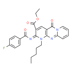 ChemSpider 2D Image | Ethyl (2E)-2-[(4-fluorobenzoyl)imino]-5-oxo-1-pentyl-1,5-dihydro-2H-dipyrido[1,2-a:2',3'-d]pyrimidine-3-carboxylate | C26H25FN4O4