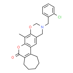 ChemSpider 2D Image | 11-(2-Chlorobenzyl)-8-methyl-2,3,4,5,11,12-hexahydro-10H-cyclohepta[3,4]chromeno[6,7-e][1,3]oxazin-6(1H)-one | C24H24ClNO3