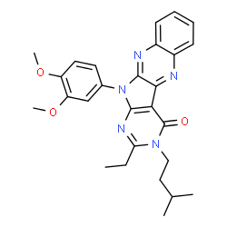 ChemSpider 2D Image | 11-(3,4-Dimethoxyphenyl)-2-ethyl-3-(3-methylbutyl)-3,11-dihydro-4H-pyrimido[5',4':4,5]pyrrolo[2,3-b]quinoxalin-4-one | C27H29N5O3