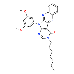 ChemSpider 2D Image | 11-(3,5-Dimethoxyphenyl)-3-heptyl-3,11-dihydro-4H-pyrimido[5',4':4,5]pyrrolo[2,3-b]quinoxalin-4-one | C27H29N5O3